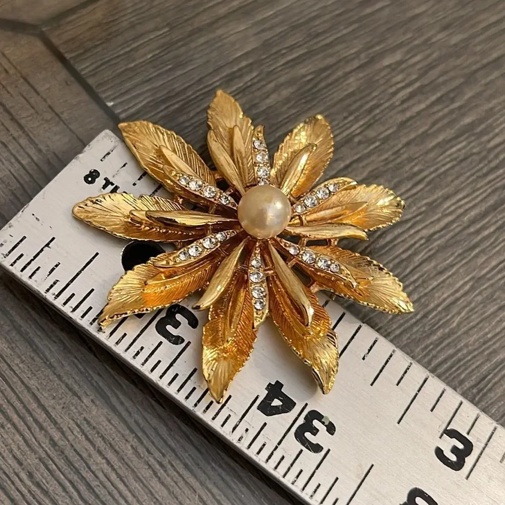 Vintage Gold-tone Floral Brooch with Pearl Accent & Rhinestones